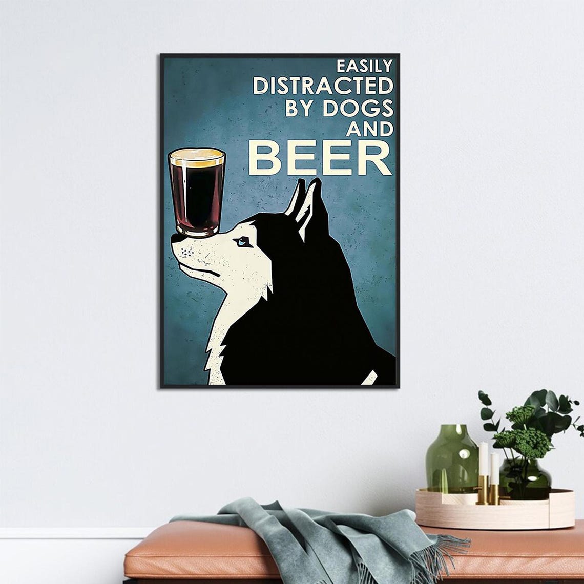 Easily Distracted By Dogs And Beer Funny Husky Beer Balancing Poster - Image 2