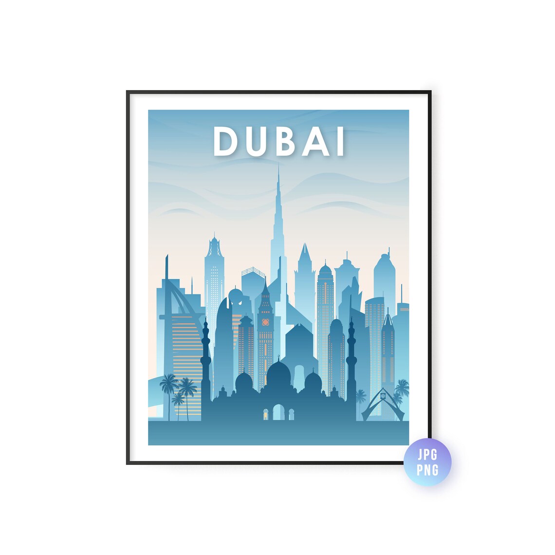 Dubai Skyline Travel Poster Blue Minimalist Desert Cityscape Art