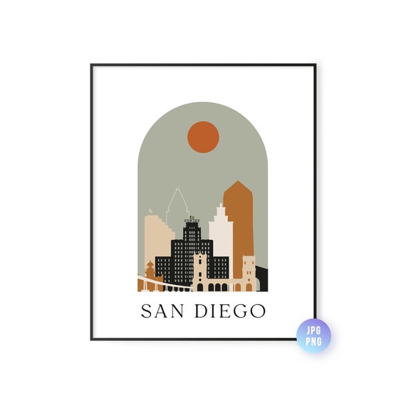 San Diego Skyline Bohemian Print Ca Boho Sun City Arc Mid Century Modern Decor Home Instant Jpg Png