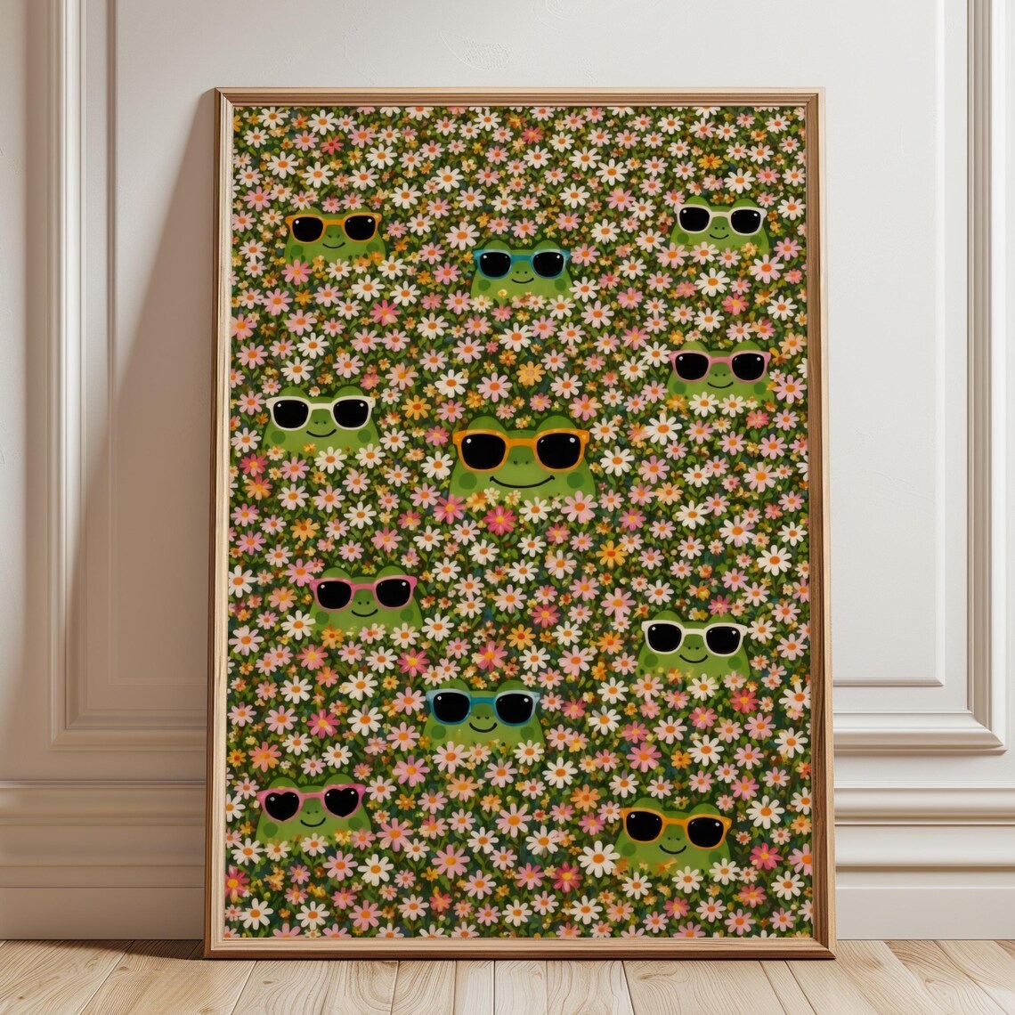 Frog Daisy Meadow Poster, Maximalist Pop Art