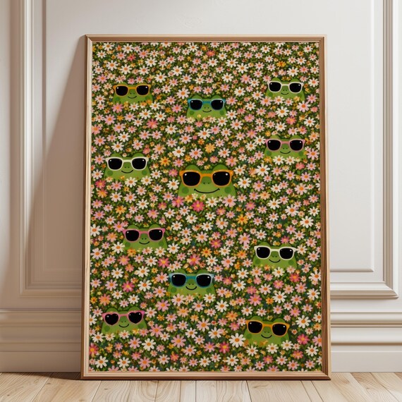 Frog Daisy Meadow Poster, Maximalist Pop Art
