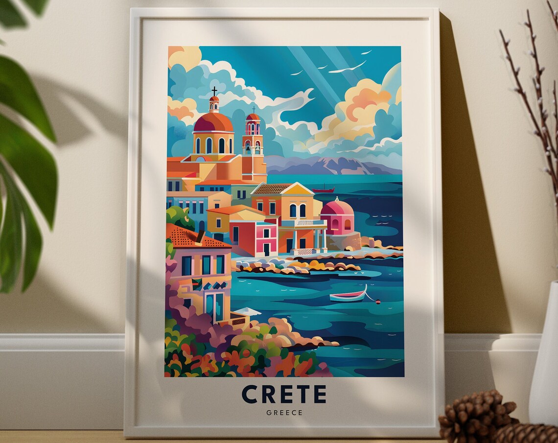 Crete Greece Coastal Town Travel Poster Vibrant Mediterranean Harbor Art