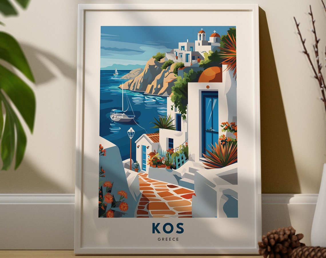 Kos Greece Whitewashed Houses Blue Doors Sailboats Travel Poster
