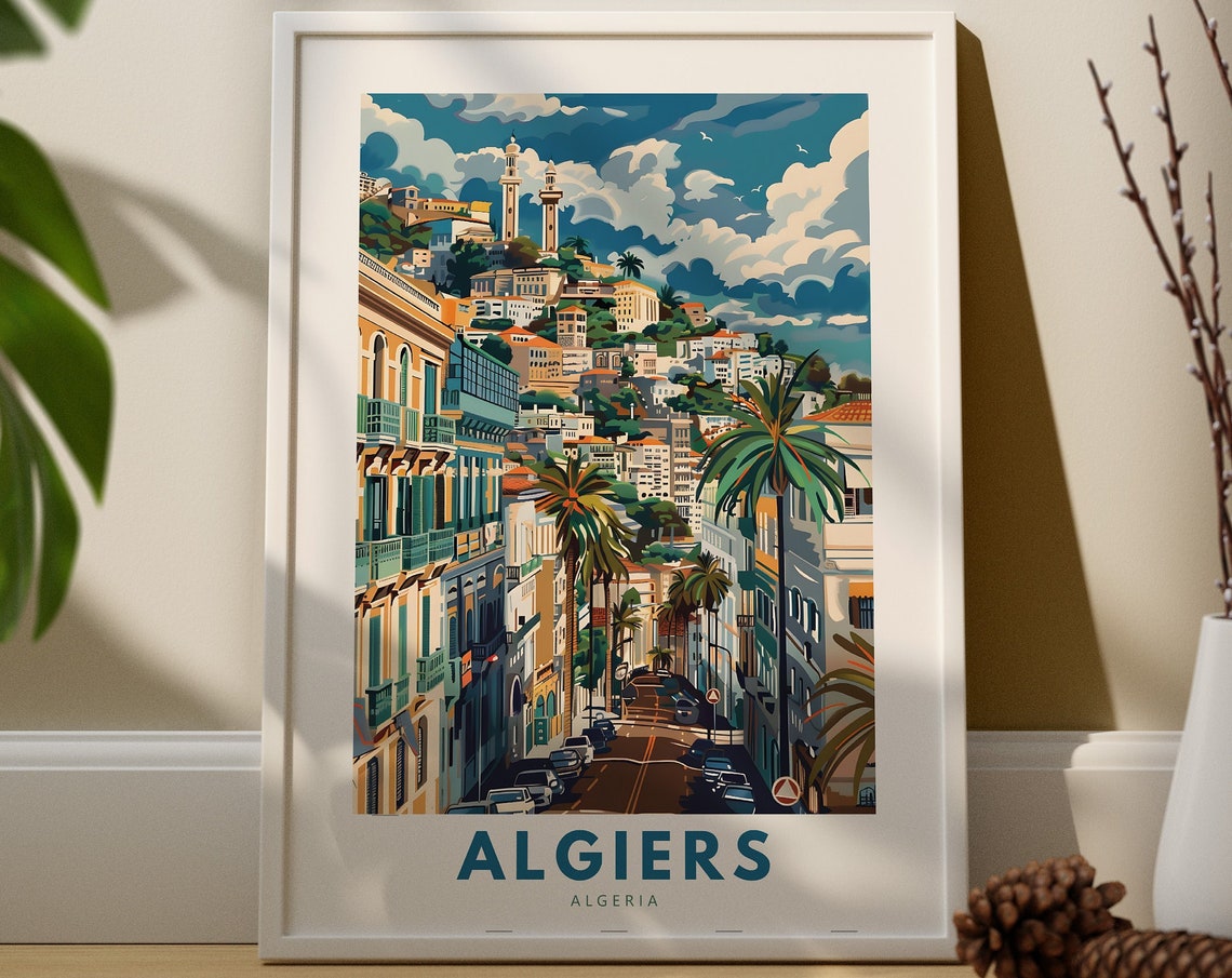 Algiers Algeria City Street Palm Trees Vintage Travel Poster