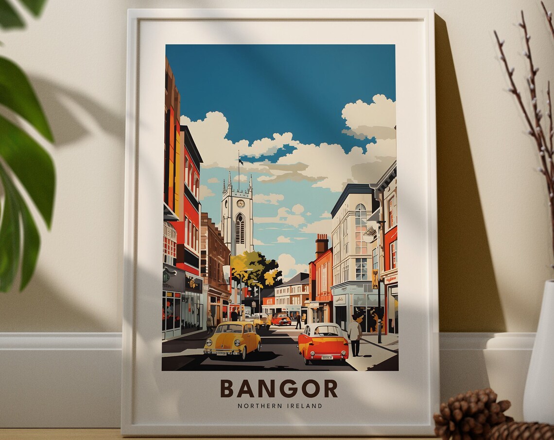 Bangor Northern Ireland Church Tower Street Vintage Travel Poster