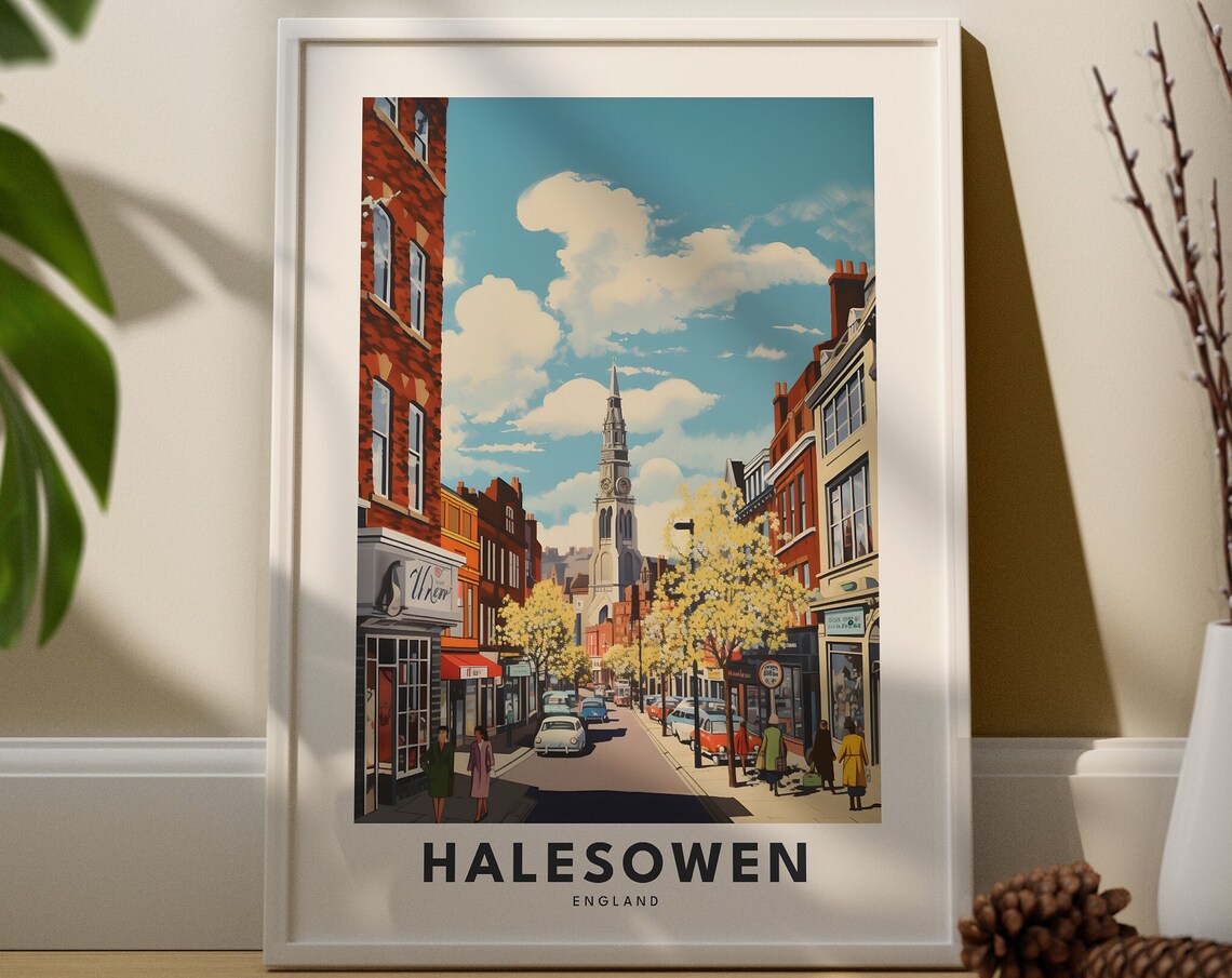 Halesowen England Street Travel Poster Church Spire Vintage City Art