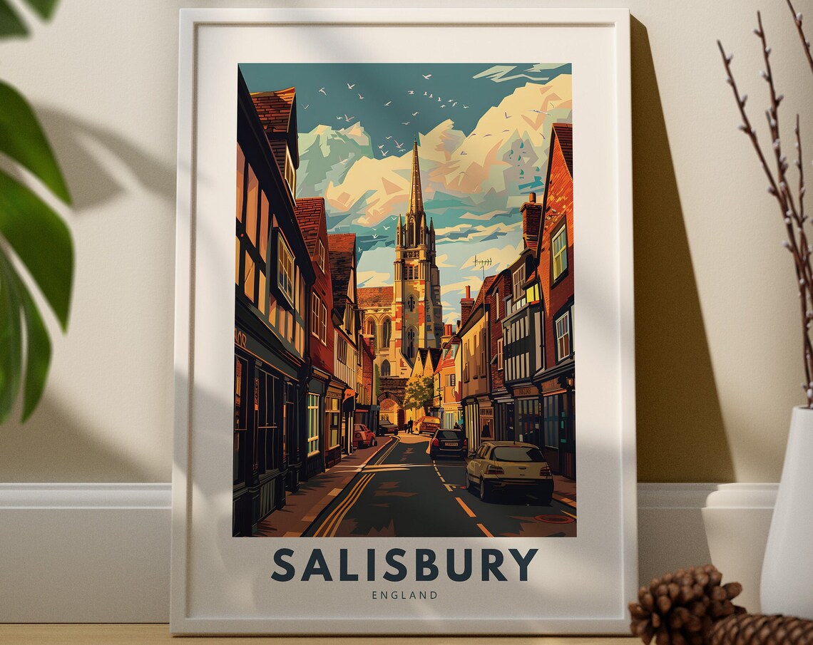 Salisbury England Cathedral Spire Street Vintage Travel Poster