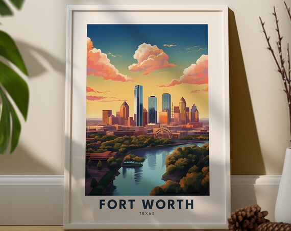 Fort Worth Texas Skyline Sunset River Retro Vintage Travel Poster