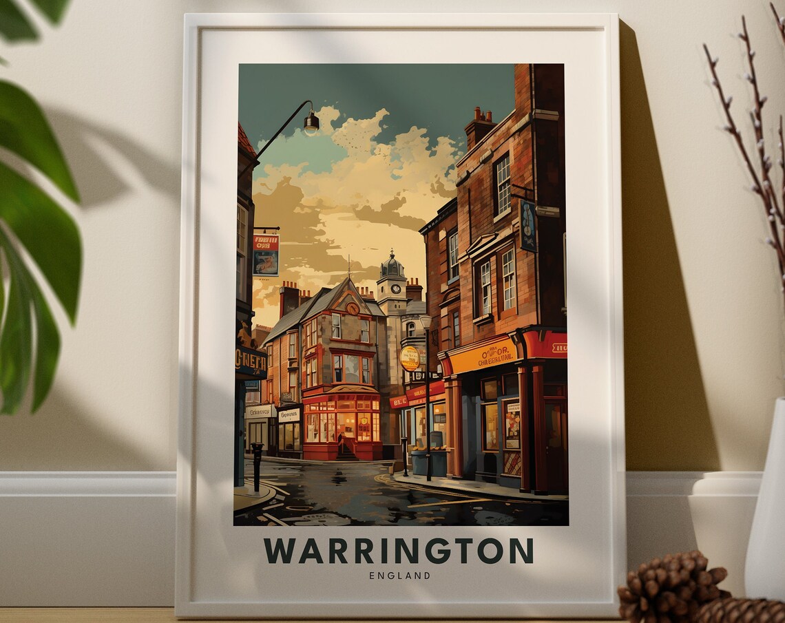 Warrington England Travel Poster Vintage Brick Street Shop Scene