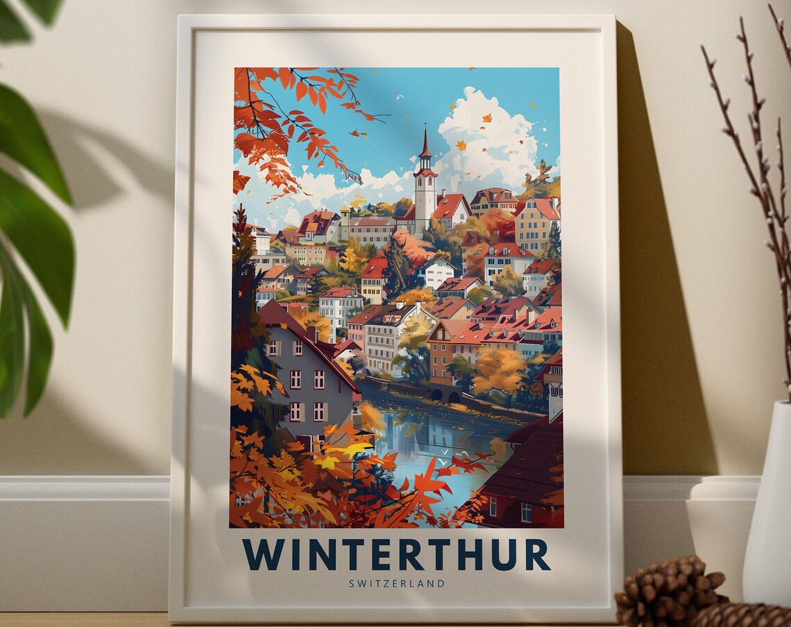 Winterthur Switzerland Travel Poster Autumn Old Town and Church Art