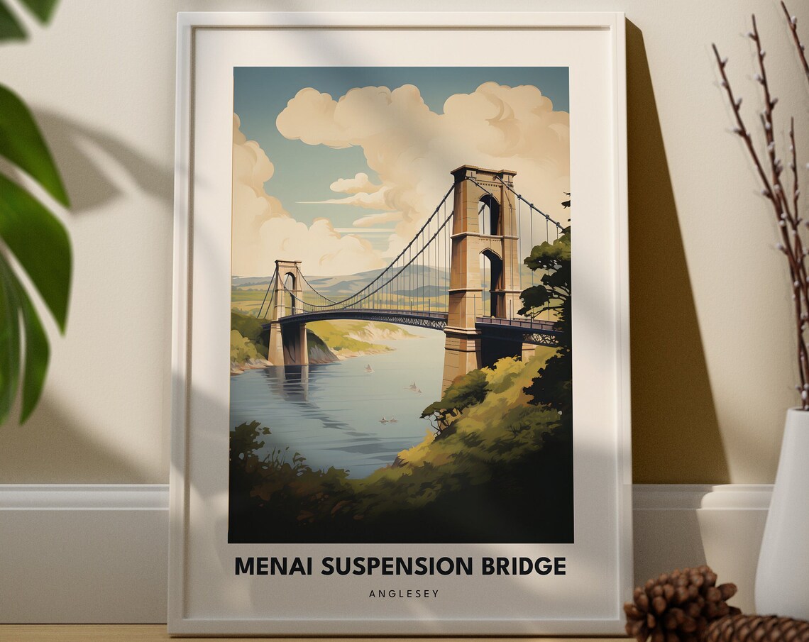 Menai Suspension Bridge Anglesey Wales Travel Poster Landmark