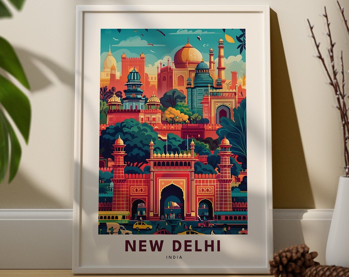 New Delhi India Vintage Travel Poster Red Sandstone Gate Monuments Art