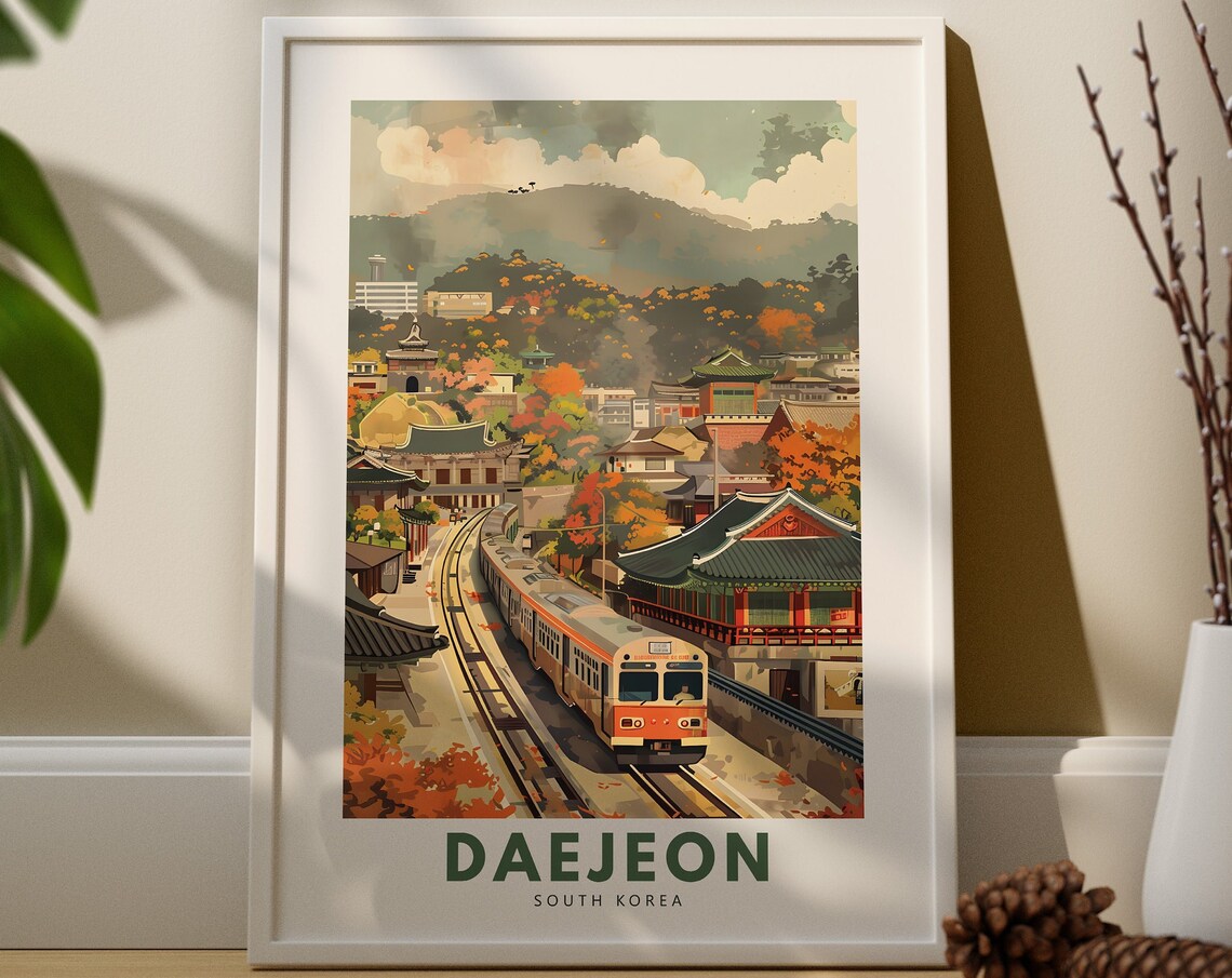 Daejeon South Korea Autumn Train Street Vintage Travel Poster Art