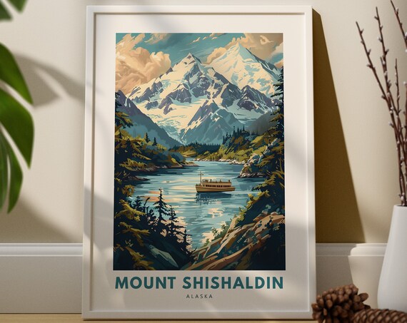 Mount Shishaldin Alaska Vintage Volcano Lake Travel Art Poster