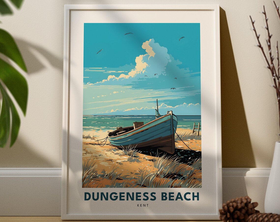 Dungeness Beach Kent Travel Poster Seaside Fishing Boat Vintage Scene