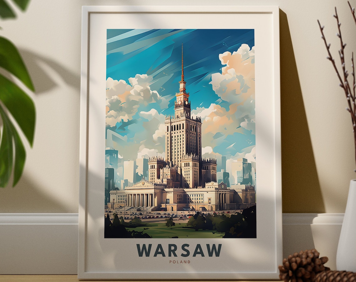 Warsaw Poland Vintage Travel Poster Palace Of Culture Skyline