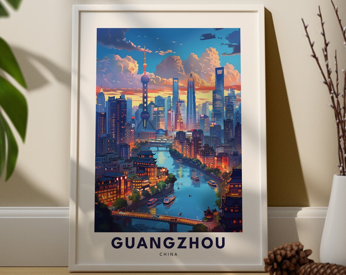 Guangzhou China Travel Poster City Skyline River Boats Sunset View