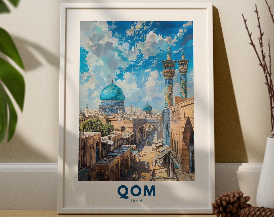 Qom Iran Blue Mosque Dome Minarets Vintage City Travel Poster