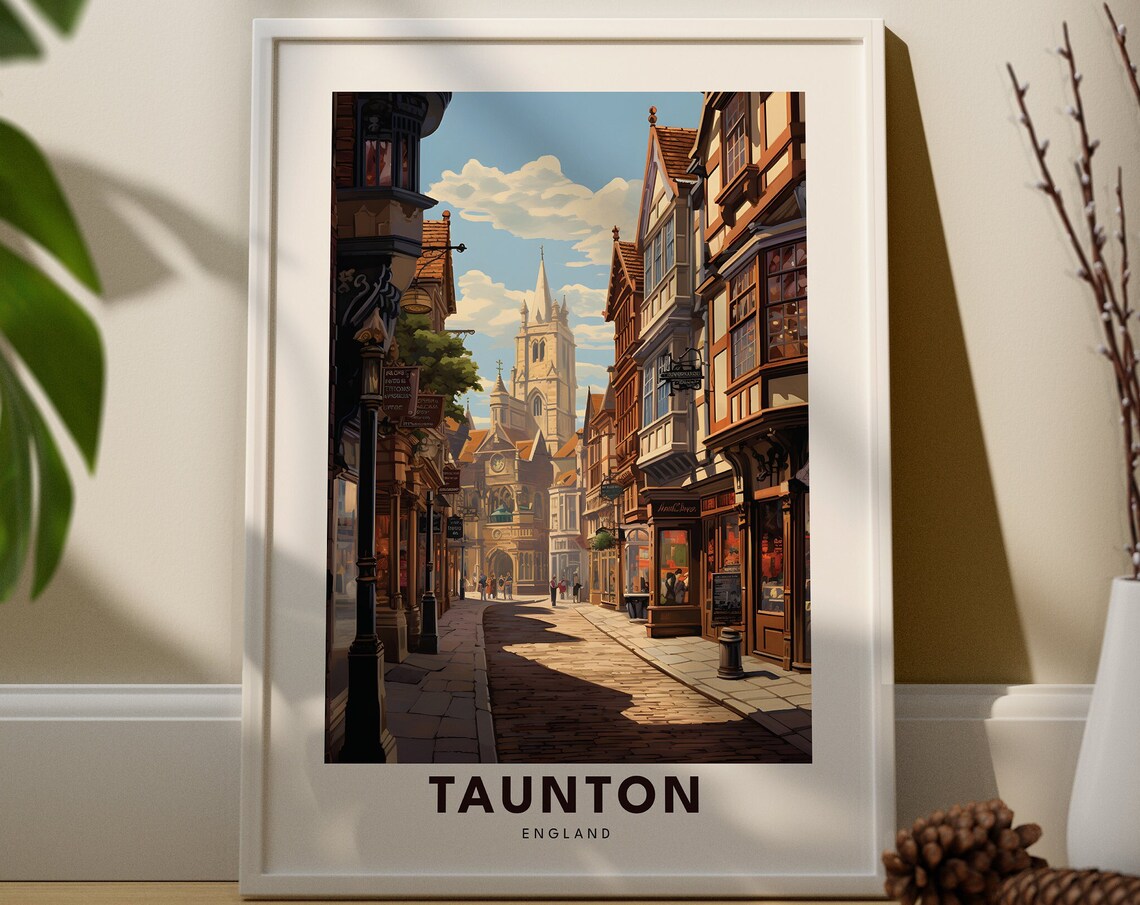 Taunton England Vintage Travel Art Cobblestone Street Spire Poster