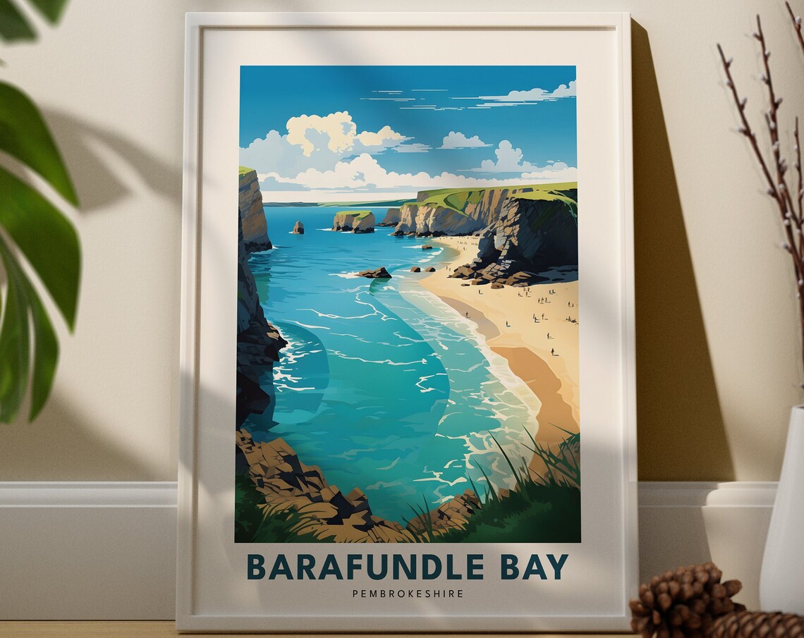 Barafundle Bay Pembrokeshire Cliffs Turquoise Beach Retro Travel Poster