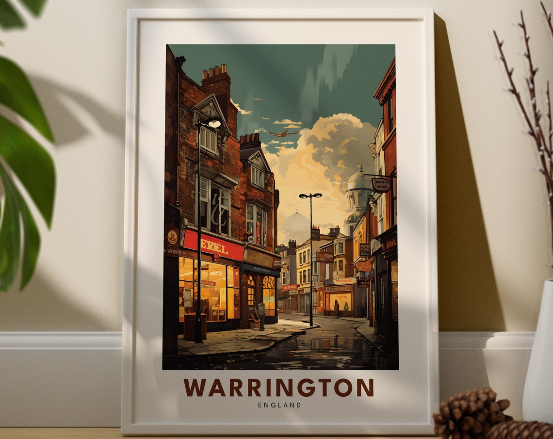 Warrington England Evening Street Scene Travel Illustration Poster