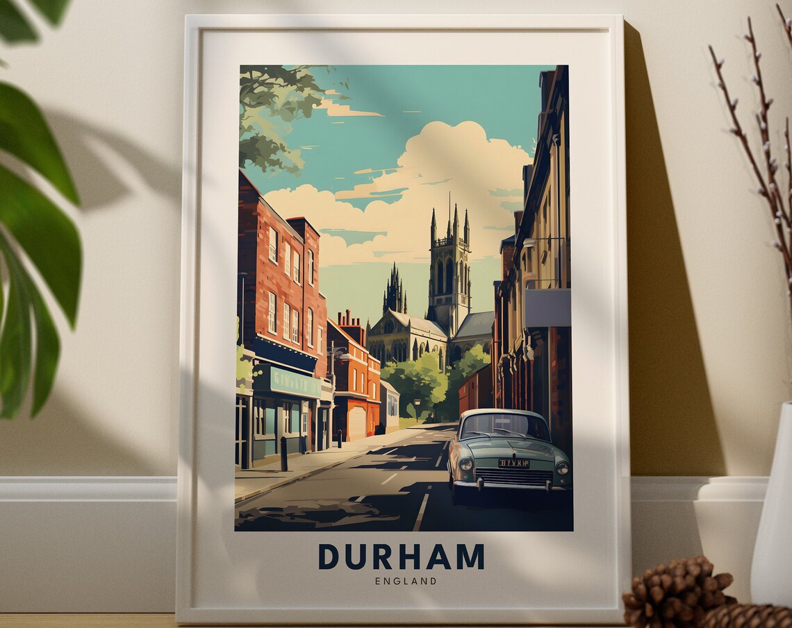 Durham England Cathedral Street Vintage Car Retro Travel Poster