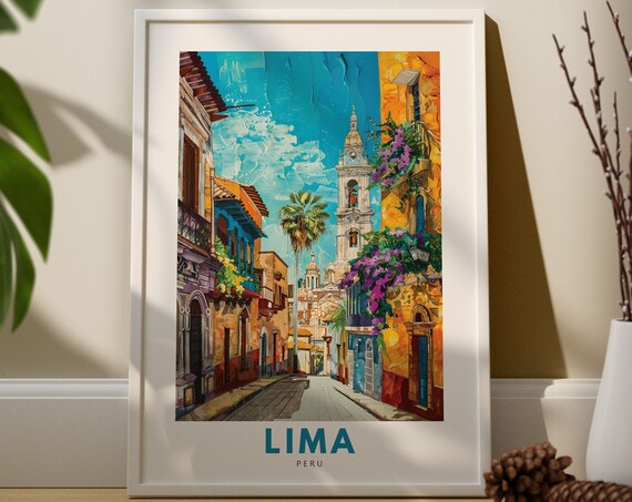 Lima Peru Colorful Colonial Street Church Tower Travel Poster Art
