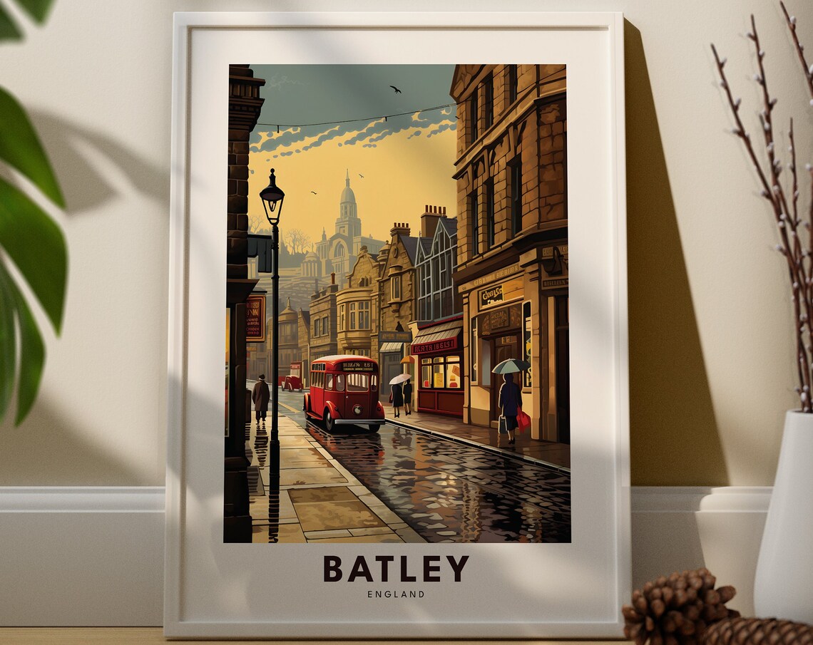 Batley England Rainy Vintage Street Scene with Red Bus Poster