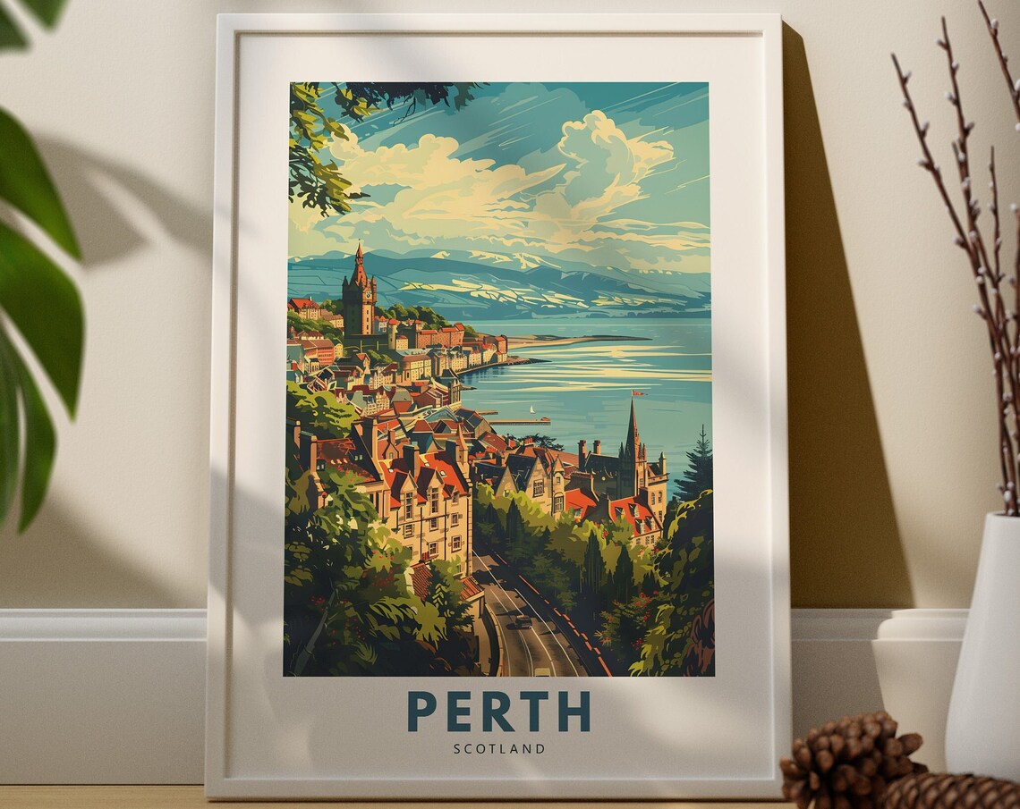 Perth Scotland Riverside City Skyline Hills Panoramic Travel Art Poster