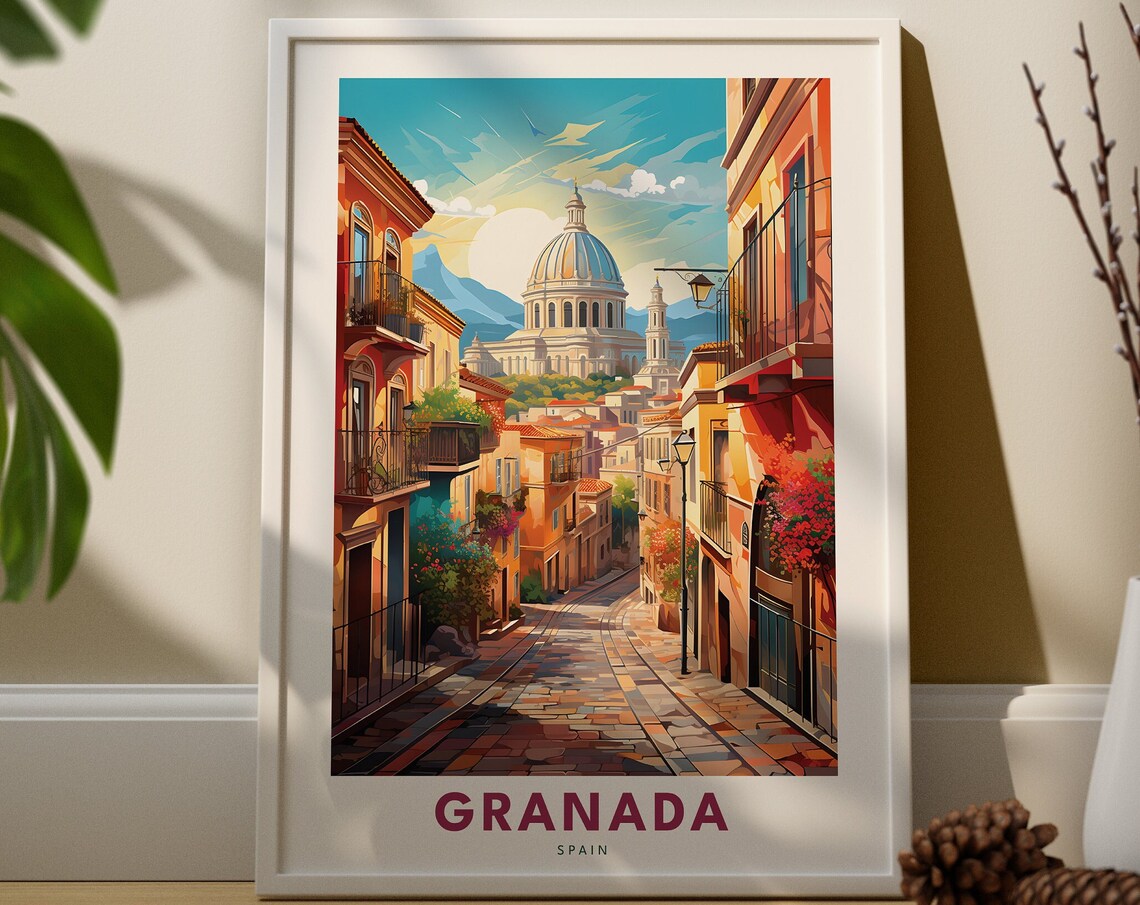 Granada Spain Vintage Travel Poster Cobbled Street Cathedral View Scene