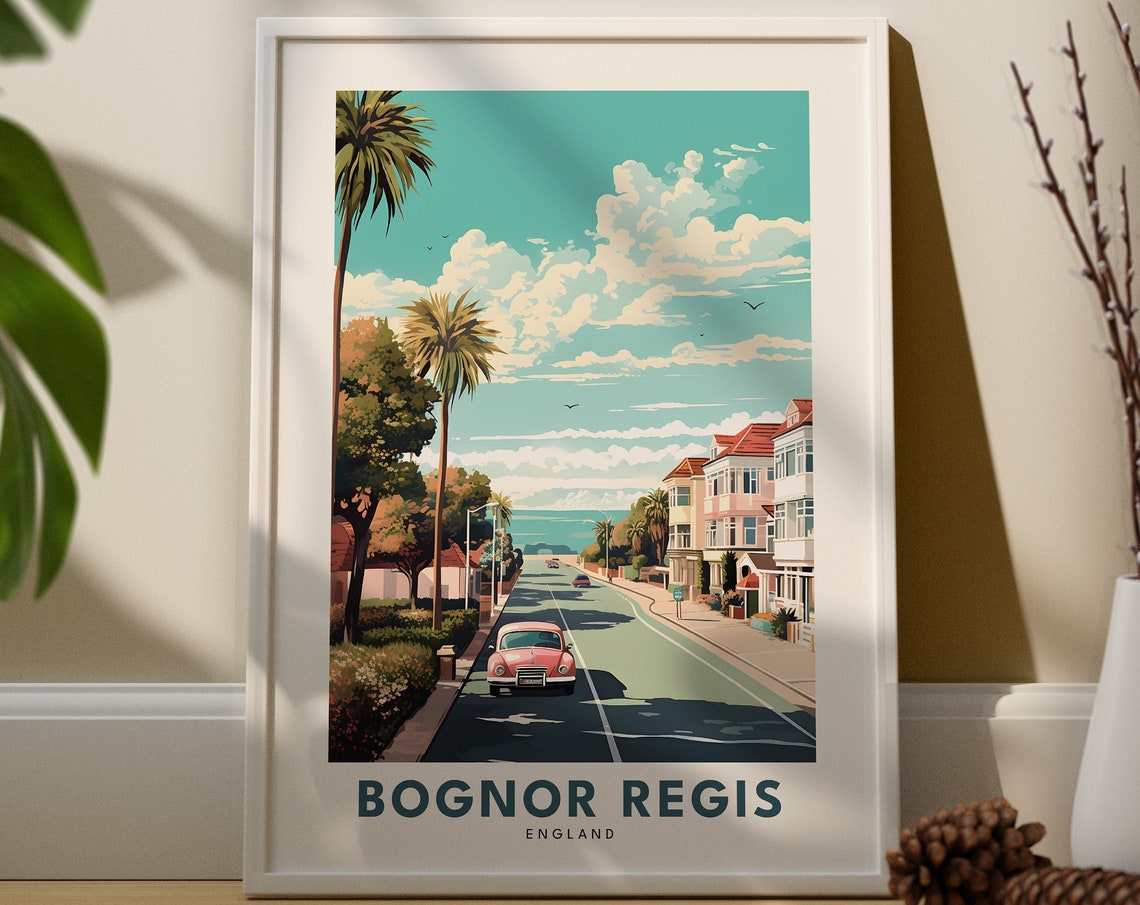 Bognor Regis England Seaside Street Vintage Car Retro Travel Poster