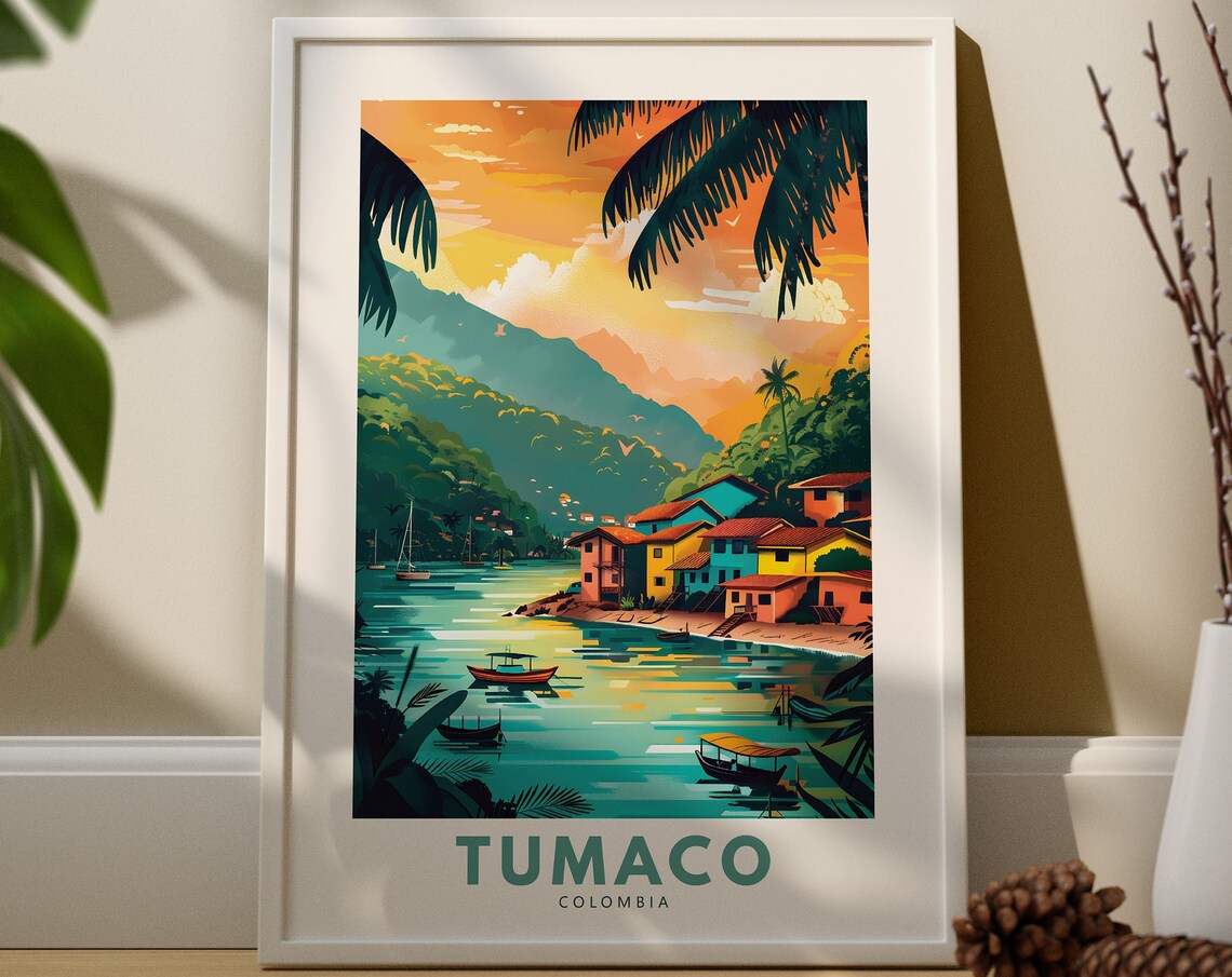 Tumaco Colombia Bay Boats Fishing Village Sunset Travel Poster