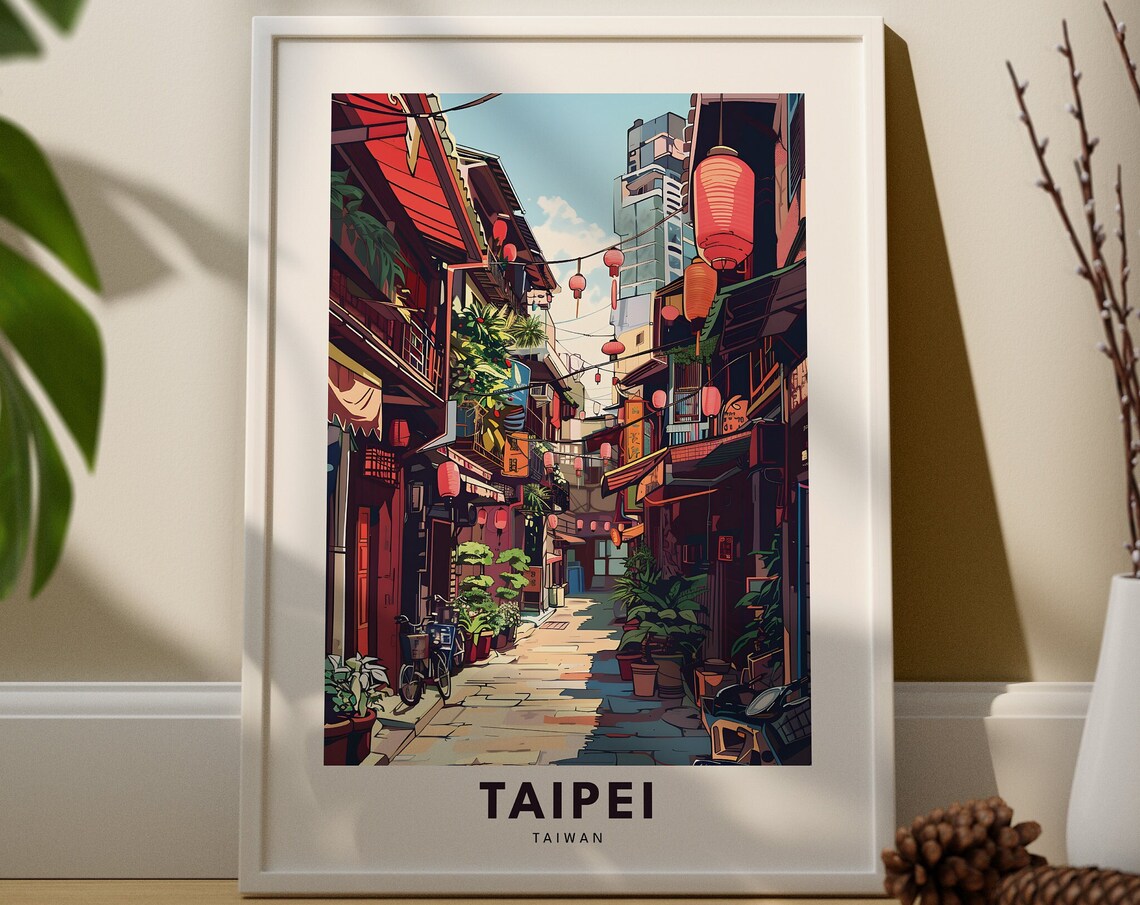Taipei Taiwan Vintage Travel Poster Lantern Lit Old Street Alley Scene