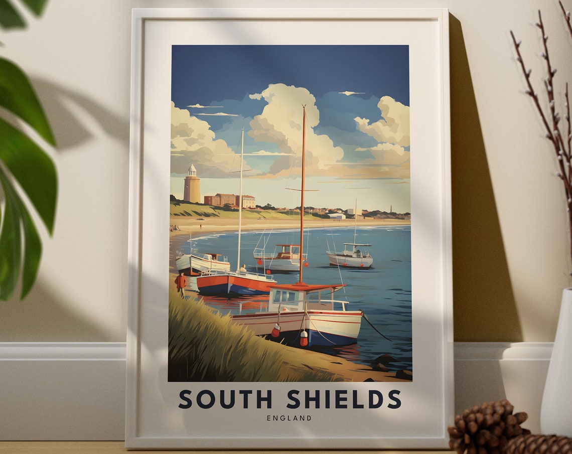 South Shields England Harbor Boats Lighthouse Coastal Travel Poster
