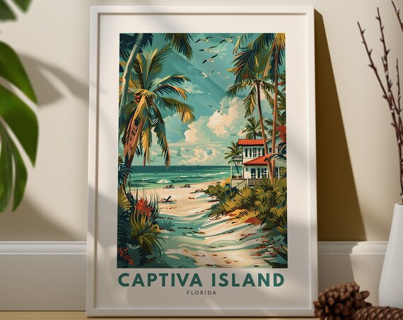 Captiva Island Florida Travel Poster Palm Beach Tropical Coastal Art