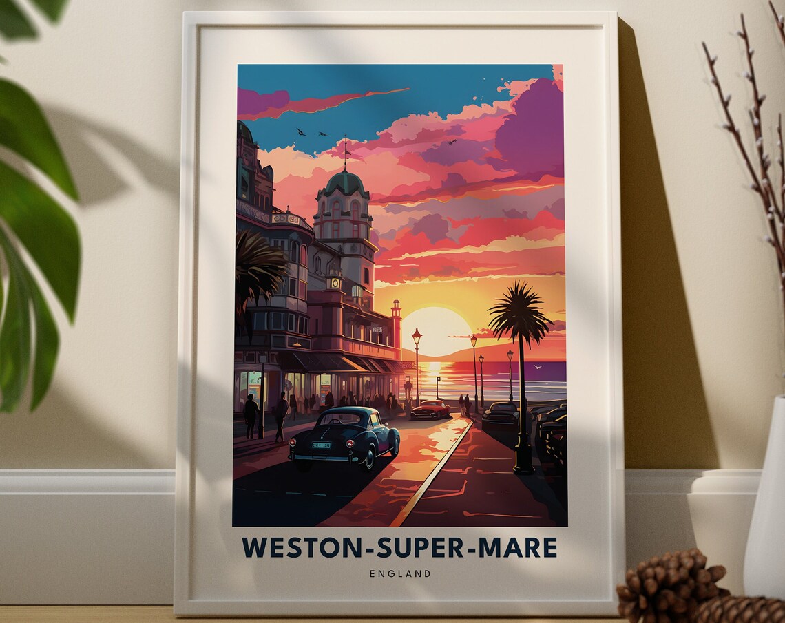 Weston Super Mare England Sunset Promenade Travel Illustration Poster