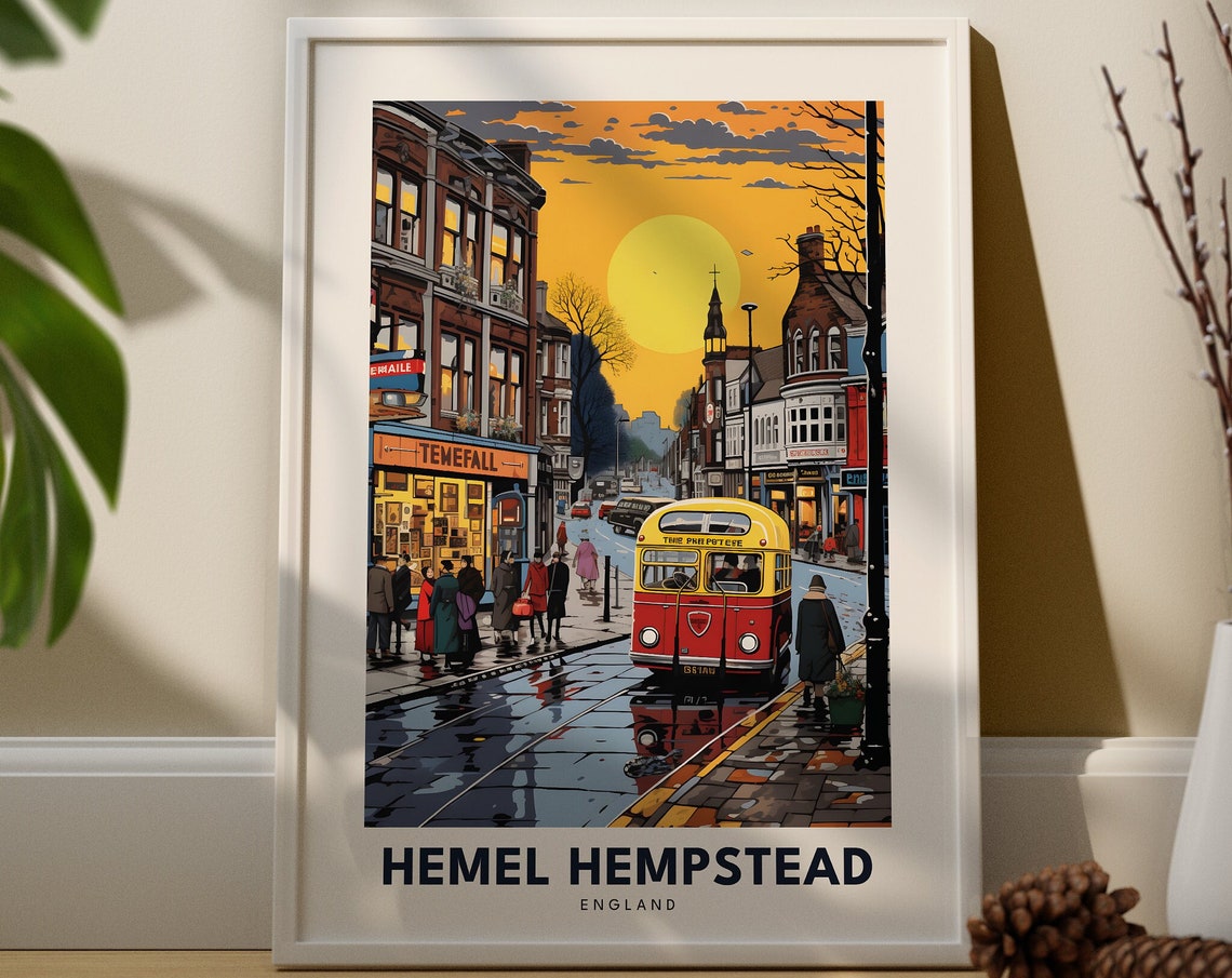 Hemel Hempstead England Retro Street Scene Red Bus Travel Poster