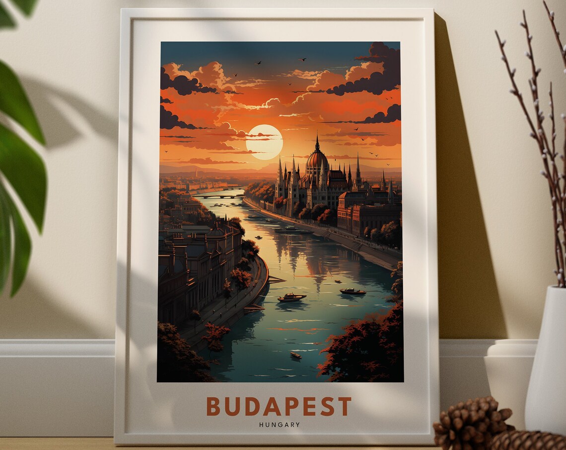Budapest Hungary Danube Sunset Vintage Travel Poster Parliament
