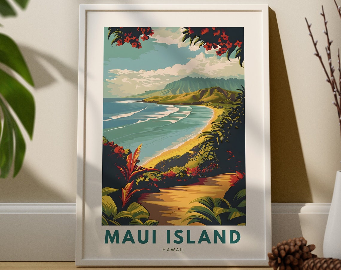 Maui Island Hawaii Travel Poster with Tropical Beach and Cliffs