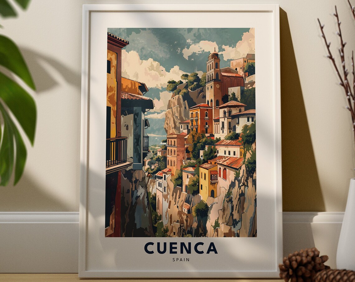Cuenca Spain Cliffside Travel Poster Hanging Houses Canyon Skyline View