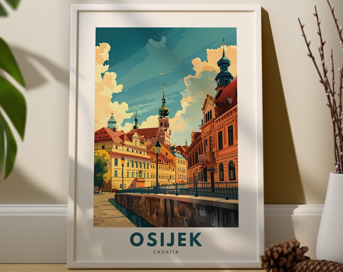 Historic Osijek Croatia Riverside Town Vintage Travel Poster