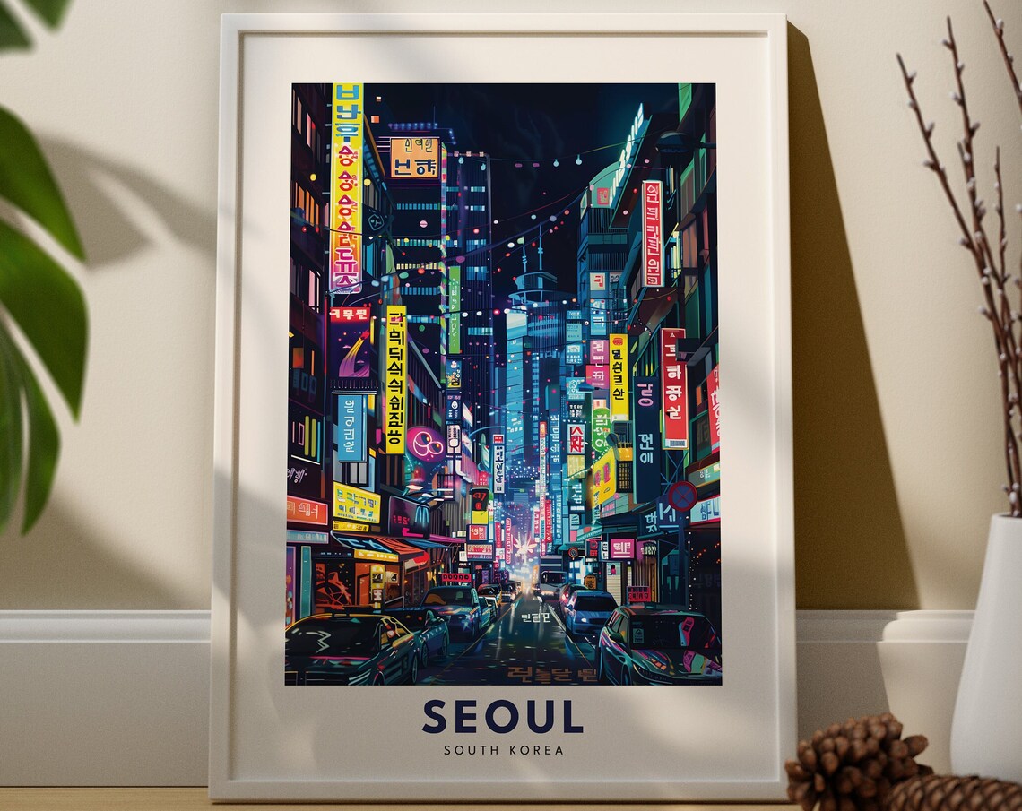 Seoul South Korea Neon Street Night Scene Travel Poster Artwork