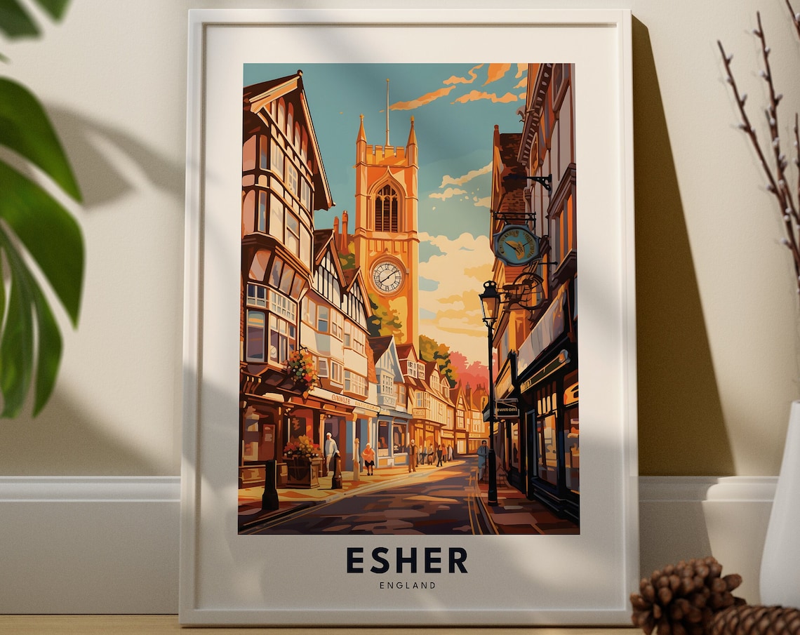 Esher England Golden Sunset Church Tower Vintage Travel Poster