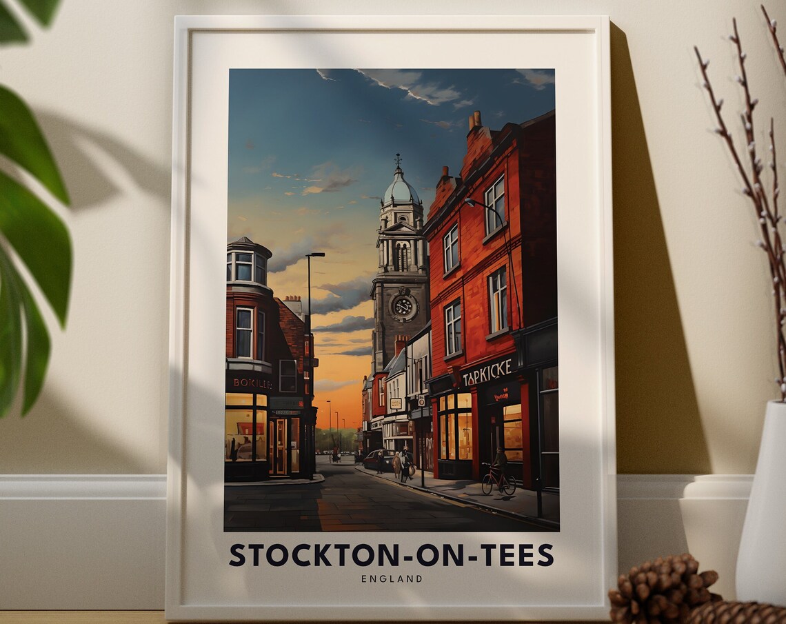 Stockton On Tees England Evening Street Clock Tower Vintage Travel Poster