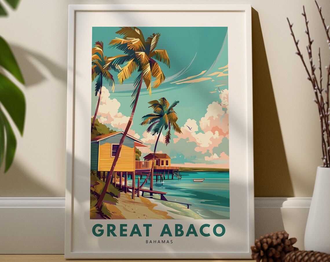 Great Abaco Bahamas Stilted Beach House Vintage Travel Poster