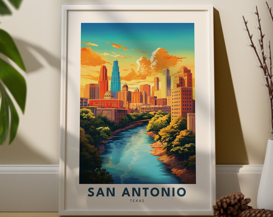 San Antonio Texas Travel Poster Of River Walk Skyline At Sunset Glow