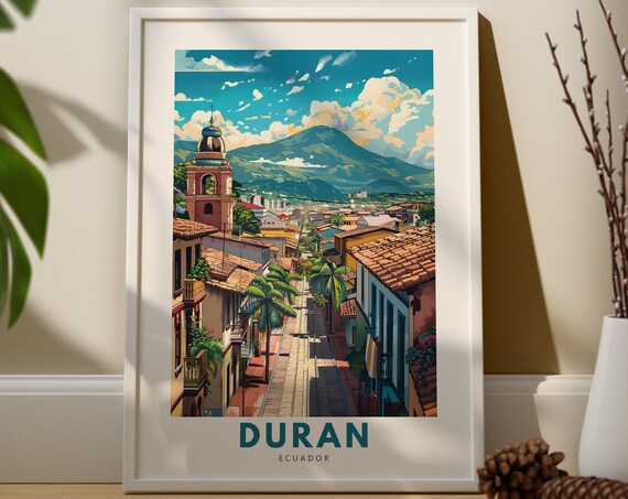 Duran Ecuador Colonial Street Volcano View Vintage Travel Poster