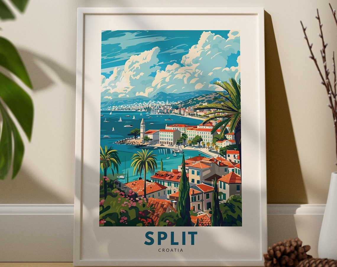Split Croatia Travel Poster Harbor Sailboats Old Town Coastline View
