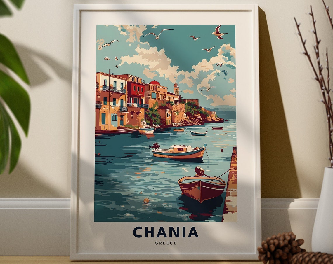 Chania Greece Venetian Harbour Fishing Boats Retro Travel Poster