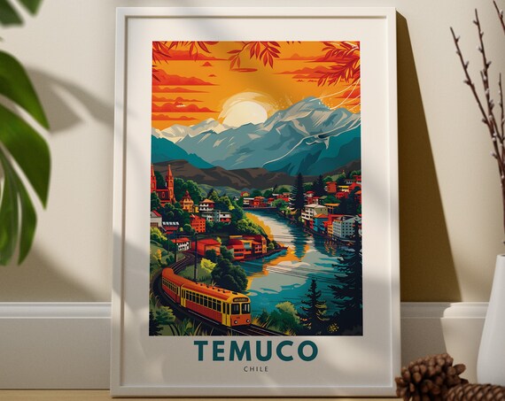 Colorful Temuco Chile Andes Sunset Tram Vintage Travel Poster